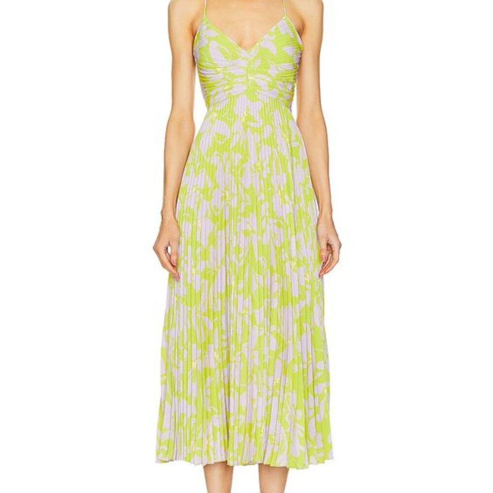 ASTR Blythe Floral Plisse Midi Dress - size L lime/lavender colorway